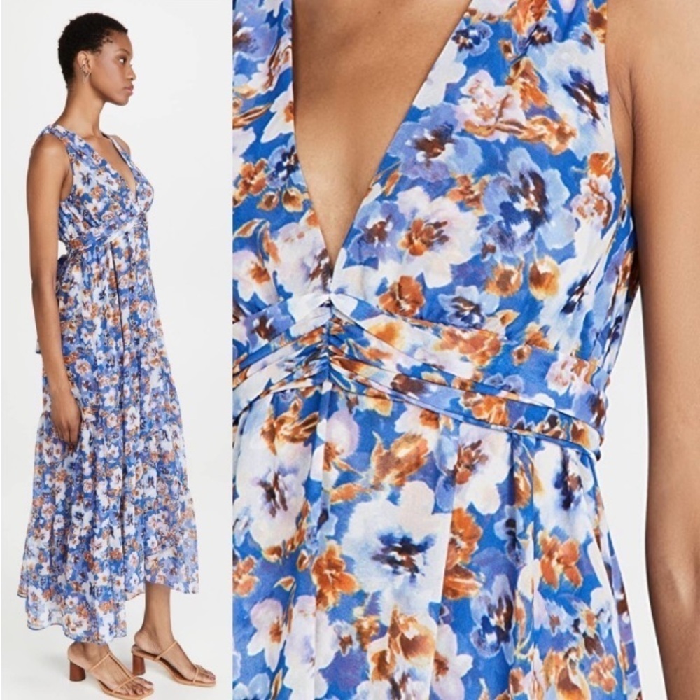 Misa Dominika Maxi Dress Xs Blue Pansy Floral Flowy Plunging Neckline Romantic